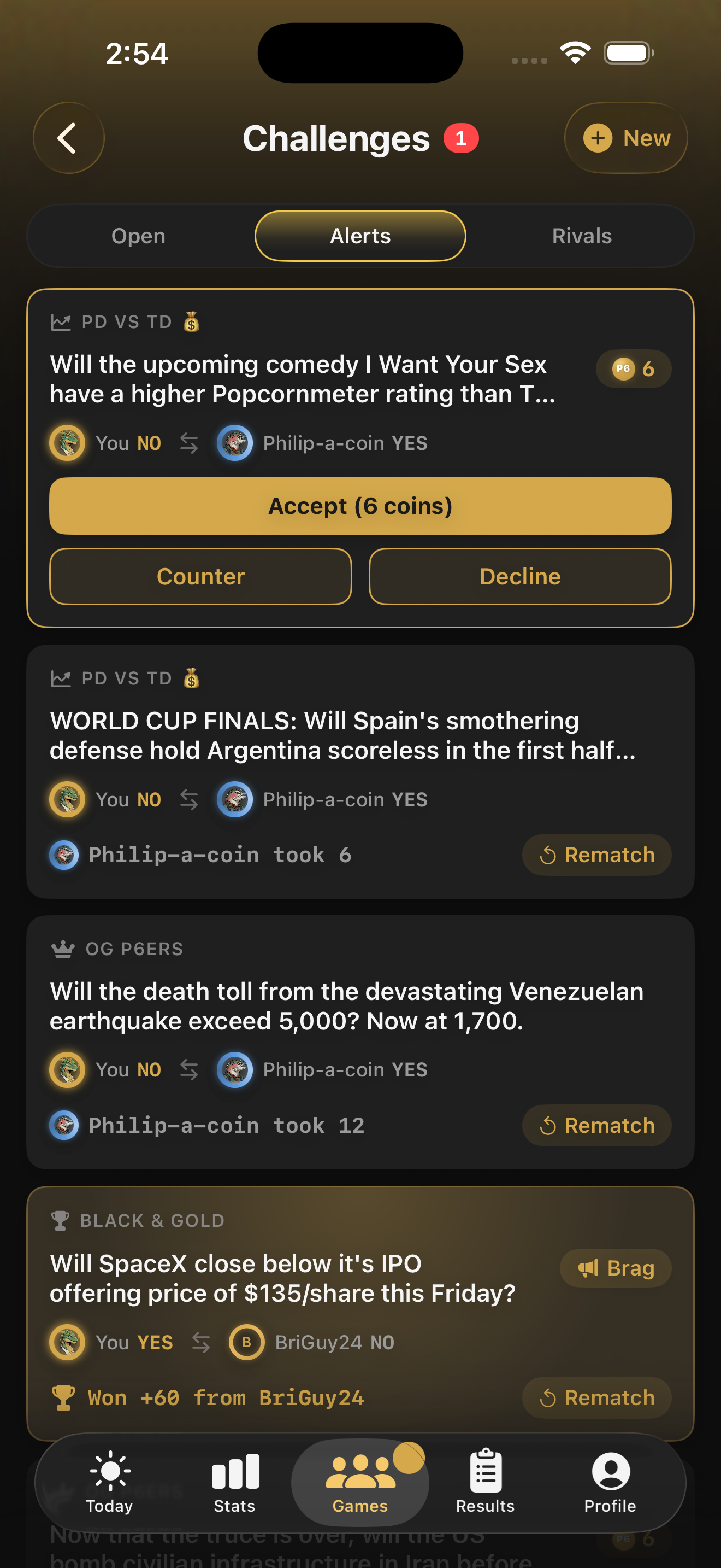 Challenges screen showing a pending coin-stake bet with accept, counter and decline options, above settled challenges and their payouts