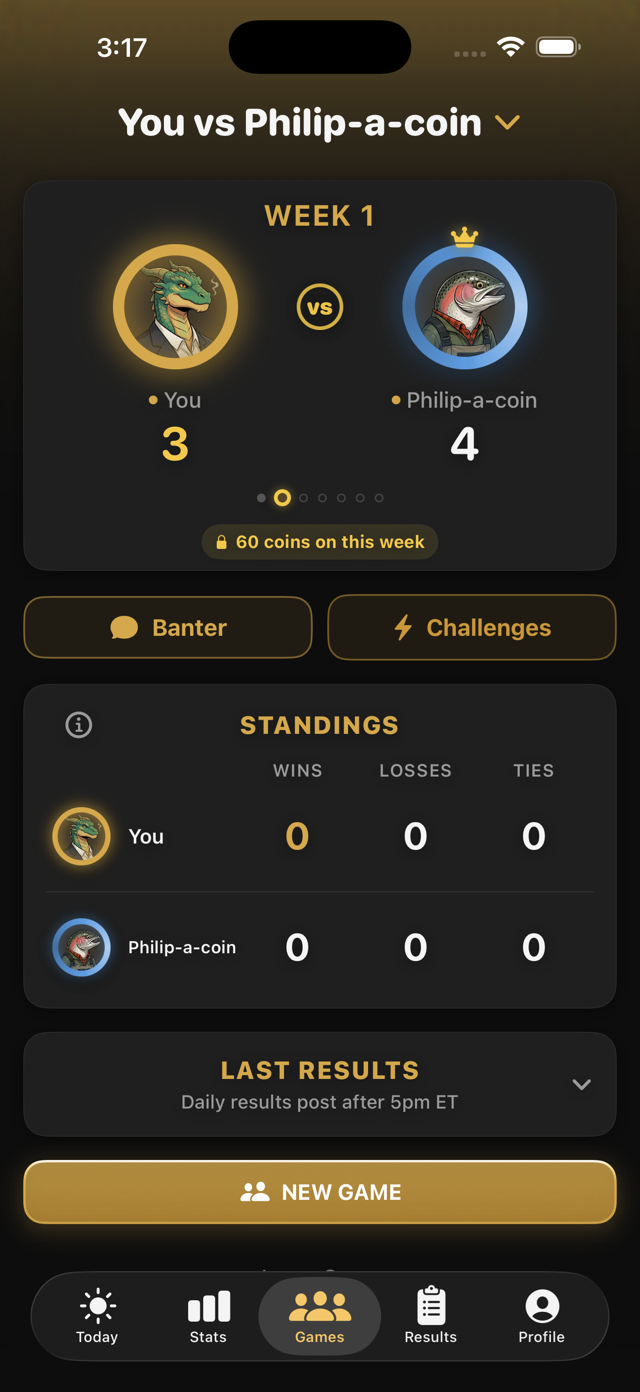 Head-to-head matchup screen: two players' avatars face off above their weekly scores, with coins staked on the week, a wins-losses-ties record, and the latest daily result