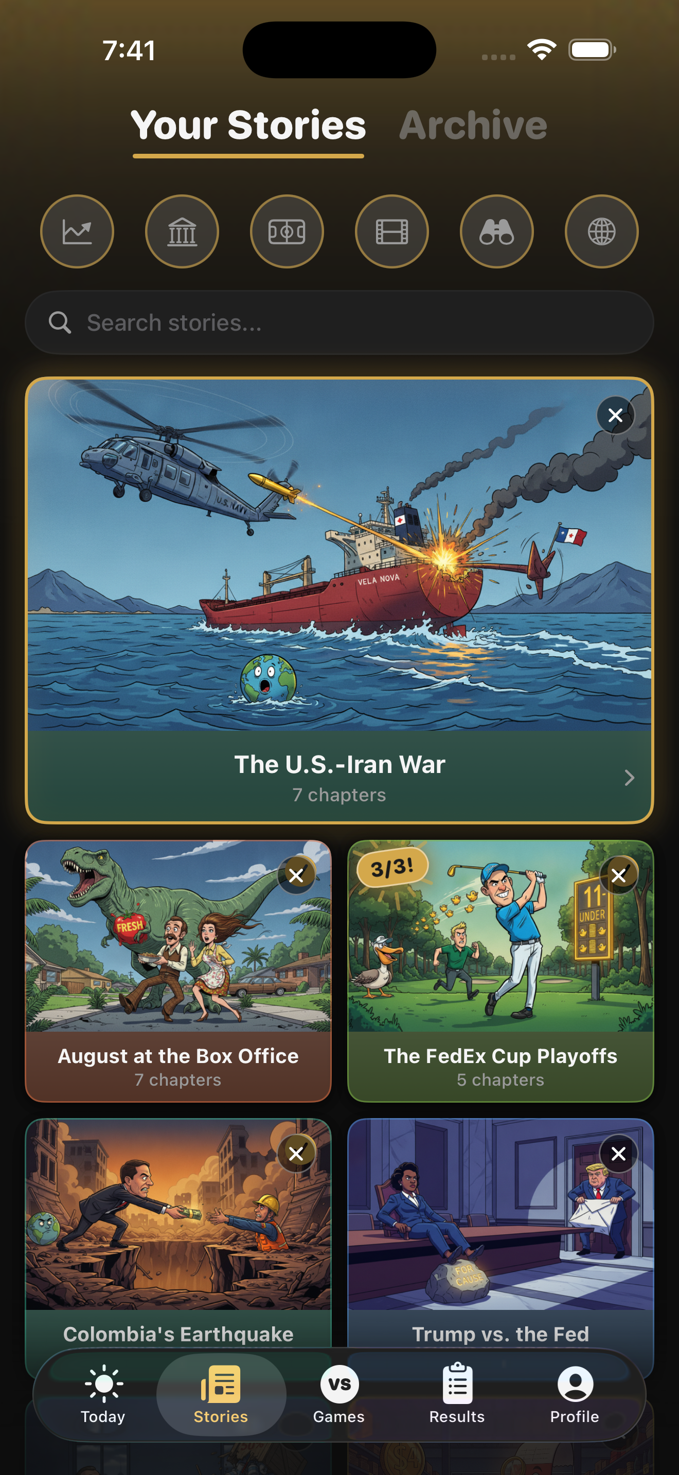 The Stories tab, showing a lead story called The War With Iran at four chapters with its own artwork, and a grid of other running stories: August at the Box Office, The FedEx Cup Playoffs, Colombia's Earthquake, and The Aug 19 Tariff Deadline