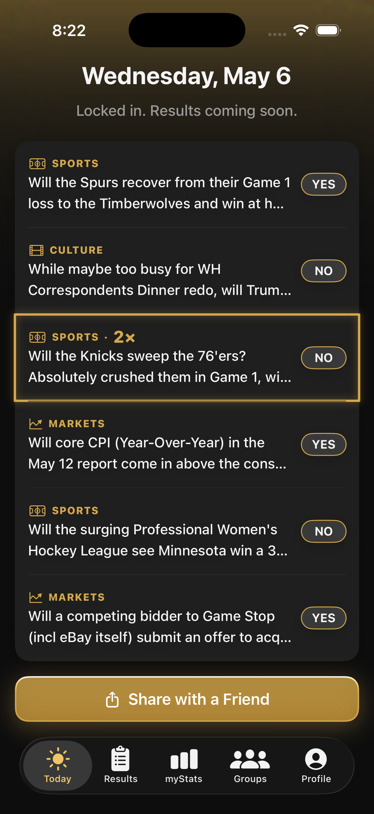 Today screen showing the six daily questions across categories